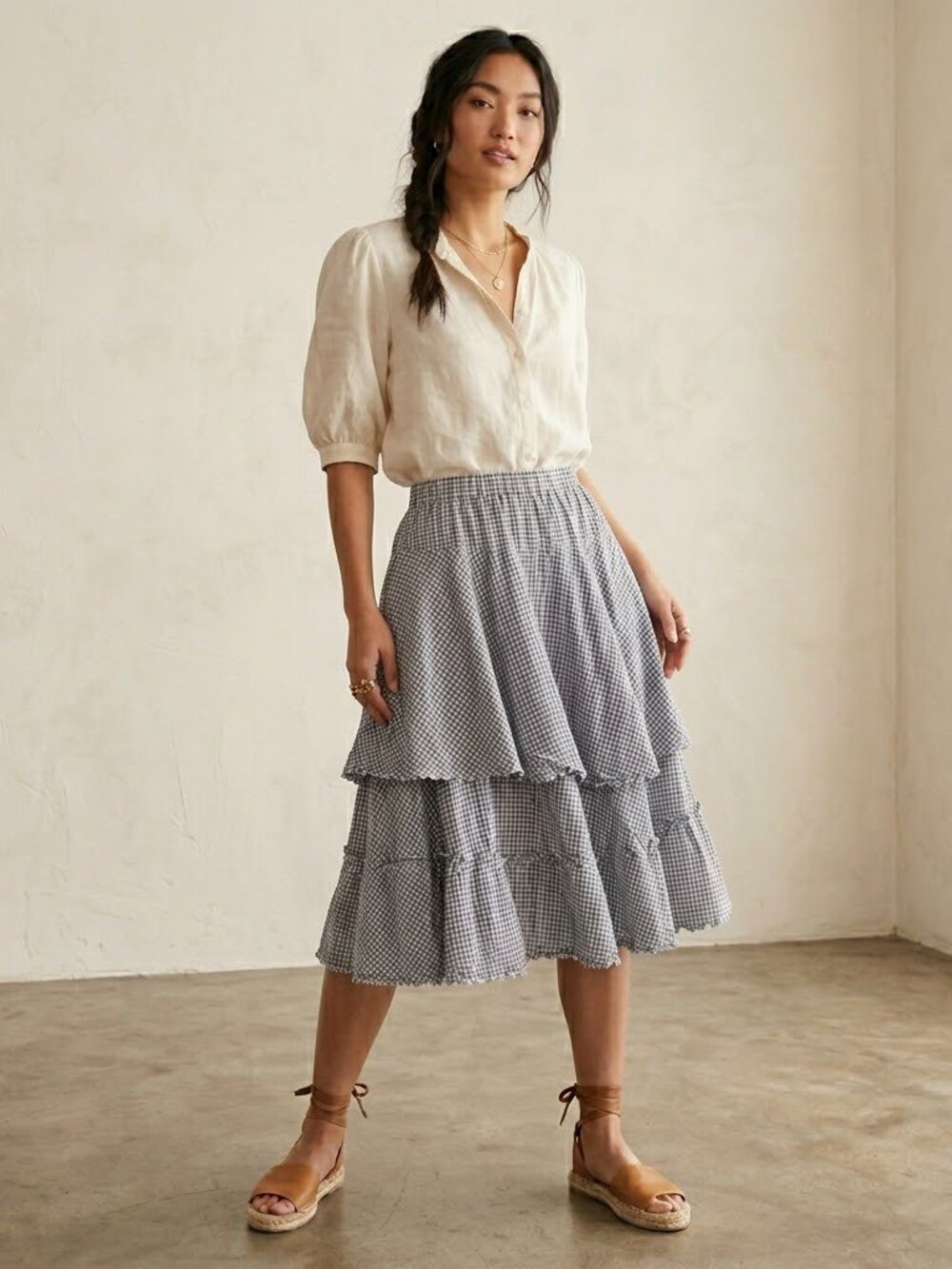 Ewa I Walla Gingham Cotton Tiered Midi Skirt